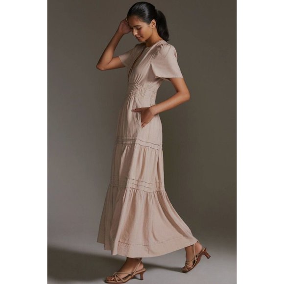 Anthropologie The Somerset Flowy Maxi Dress Linen Tiered Tan Light Brown XSP - Picture 4 of 15